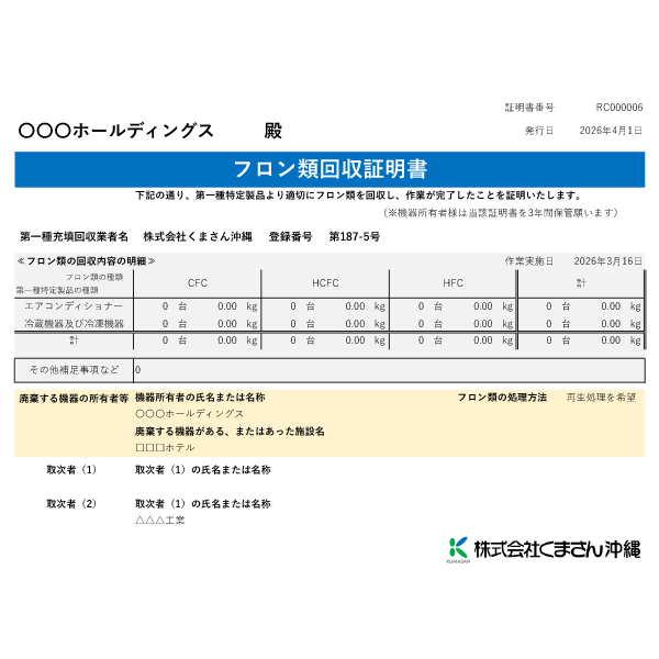 フロン類回収証明書